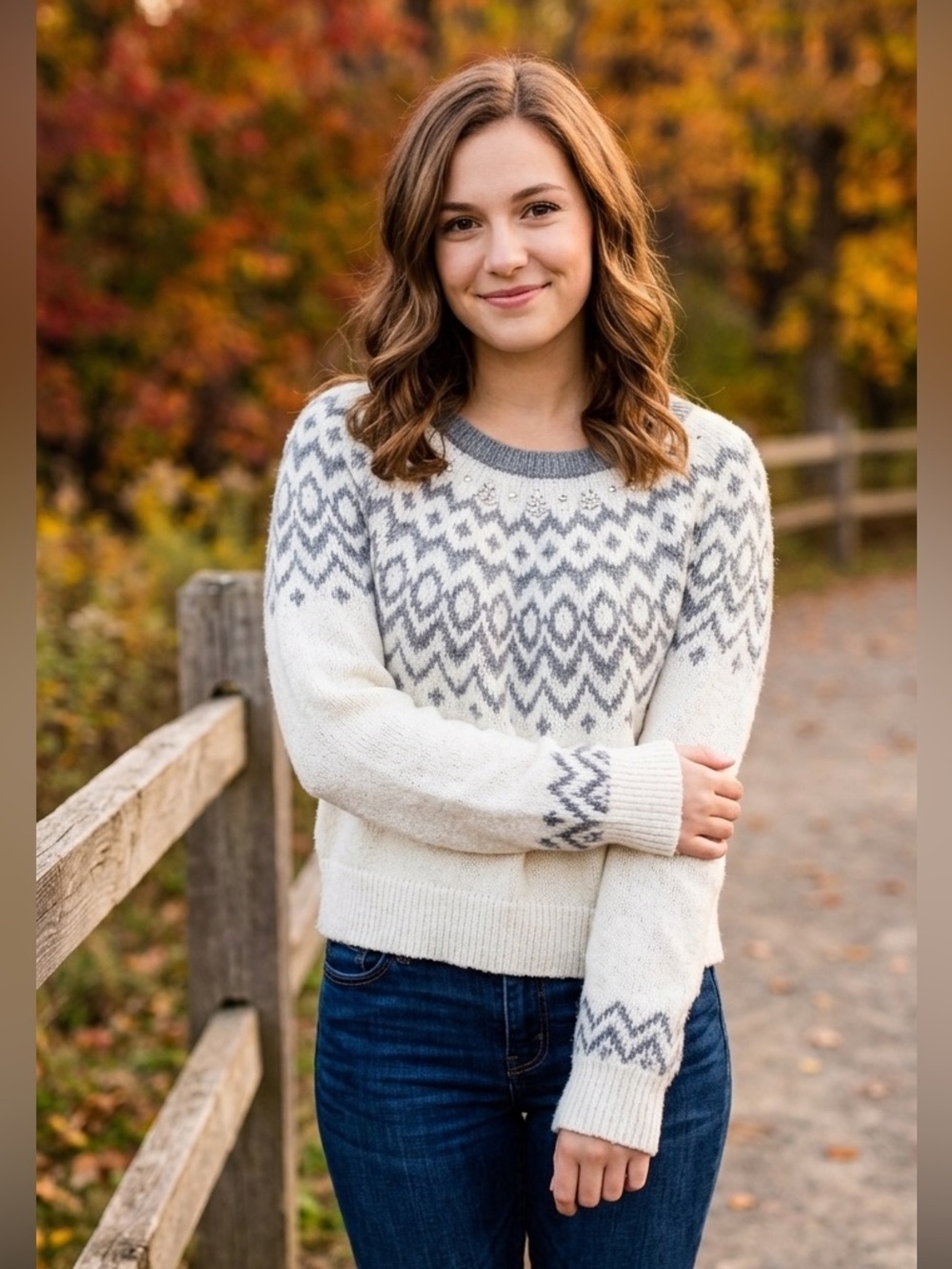 The HOLLISTER Nordic Fair Isle Rhinestone Crewneck Sweater in size S